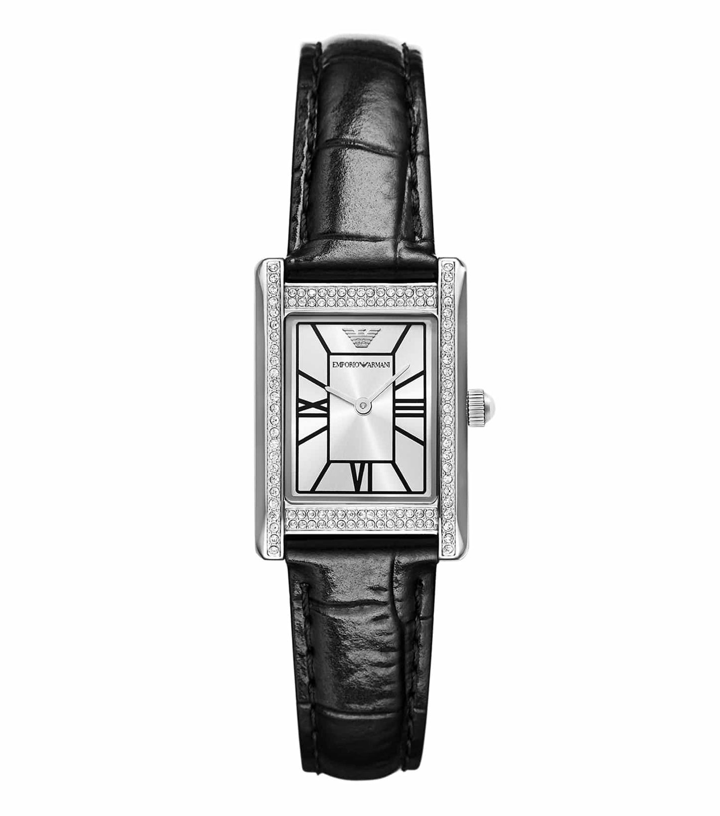Emporio Armani quartz watch in elegant silver, side angle view; features sleek design and timeless style – perfect for watch enthusiasts.