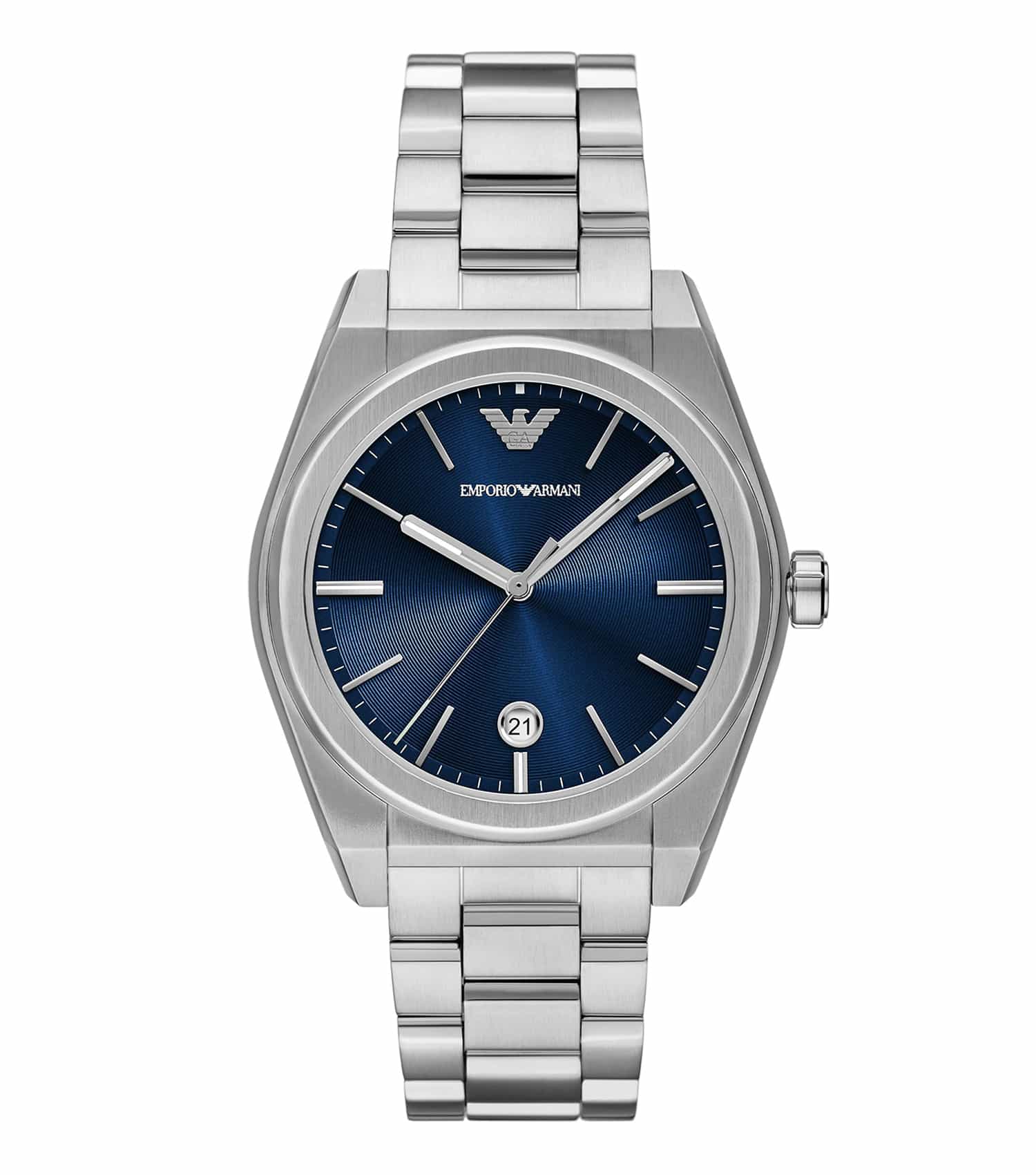 Emporio Armani Quartz watch in metallic silver, captured at a 35-degree angle, showcasing sleek design and classic elegance.