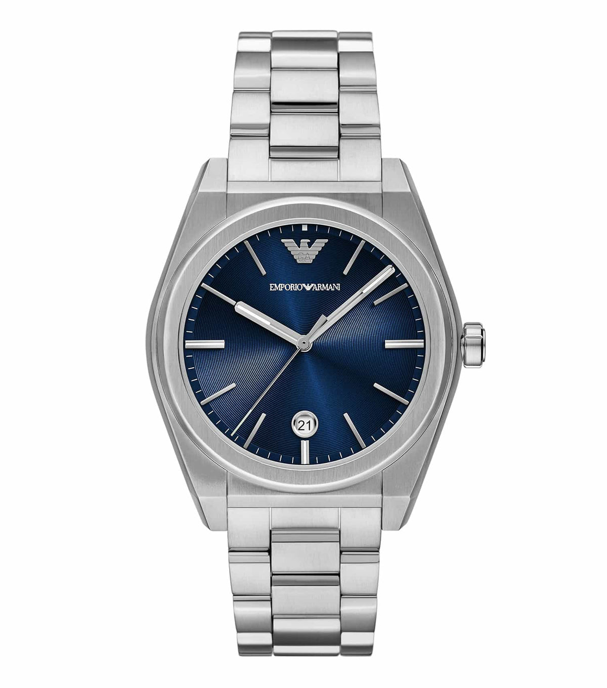 Emporio Armani Quartz watch in metallic silver, captured at a 35-degree angle, showcasing sleek design and classic elegance.