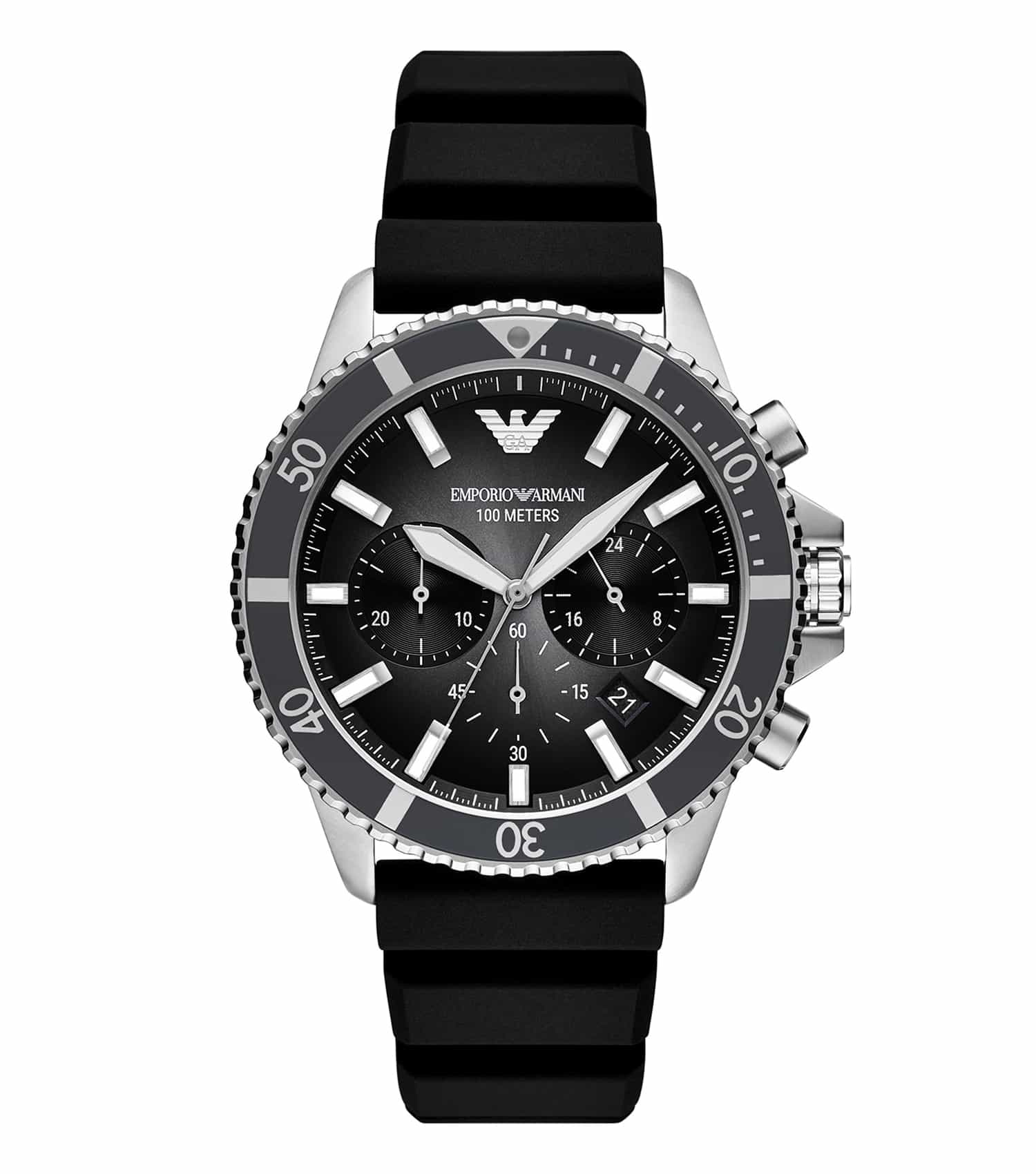 Emporio Armani sea-colored watch with a sleek minimalist design, showcasing the elegant round face at a frontal angle.