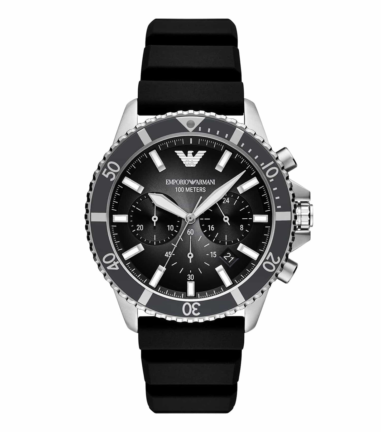 Emporio Armani sea-colored watch with a sleek minimalist design, showcasing the elegant round face at a frontal angle.