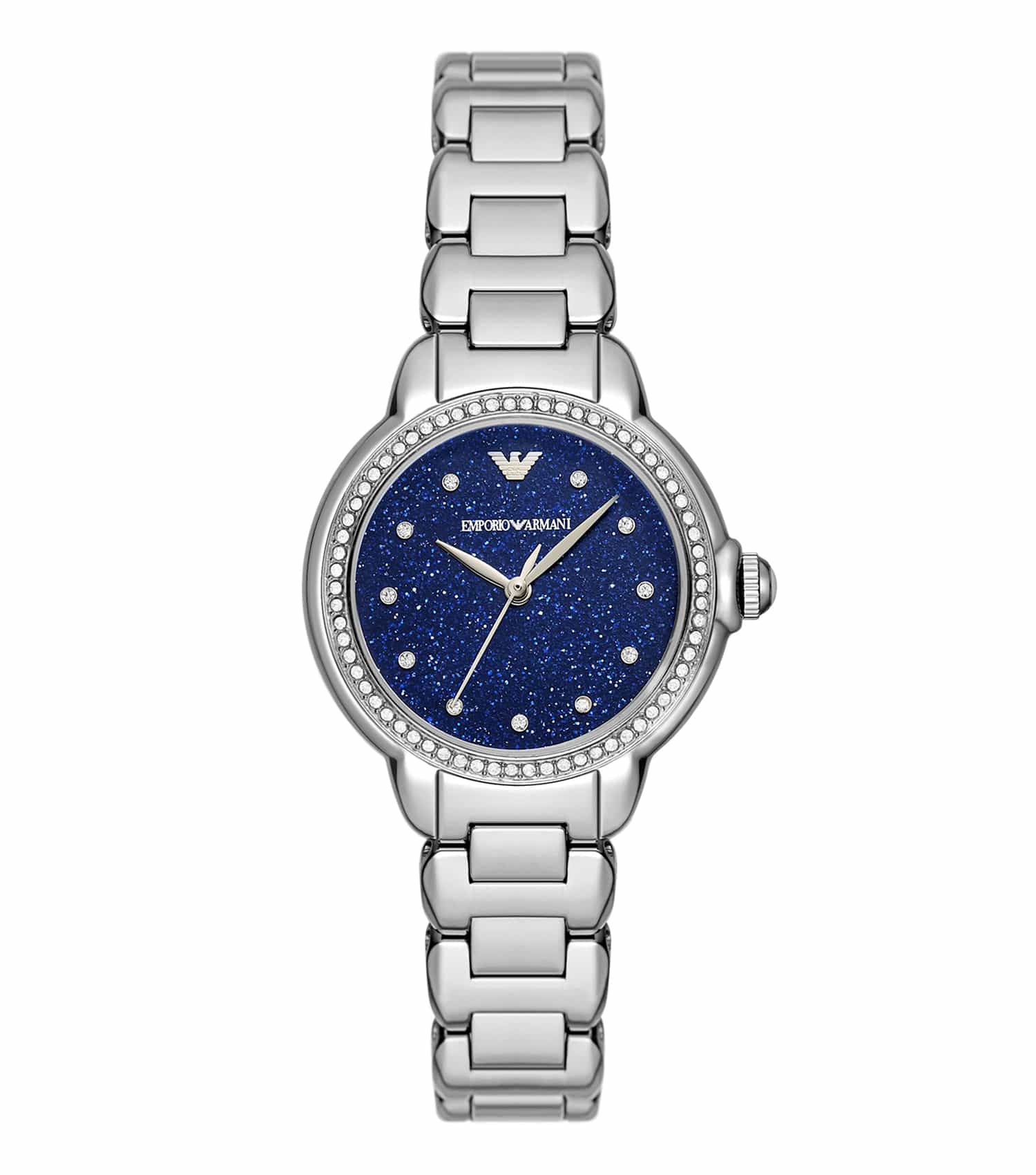 Emporio Armani watch, close-up side angle, showcasing sleek design with classic black face, silver accents, and premium craftsmanship.