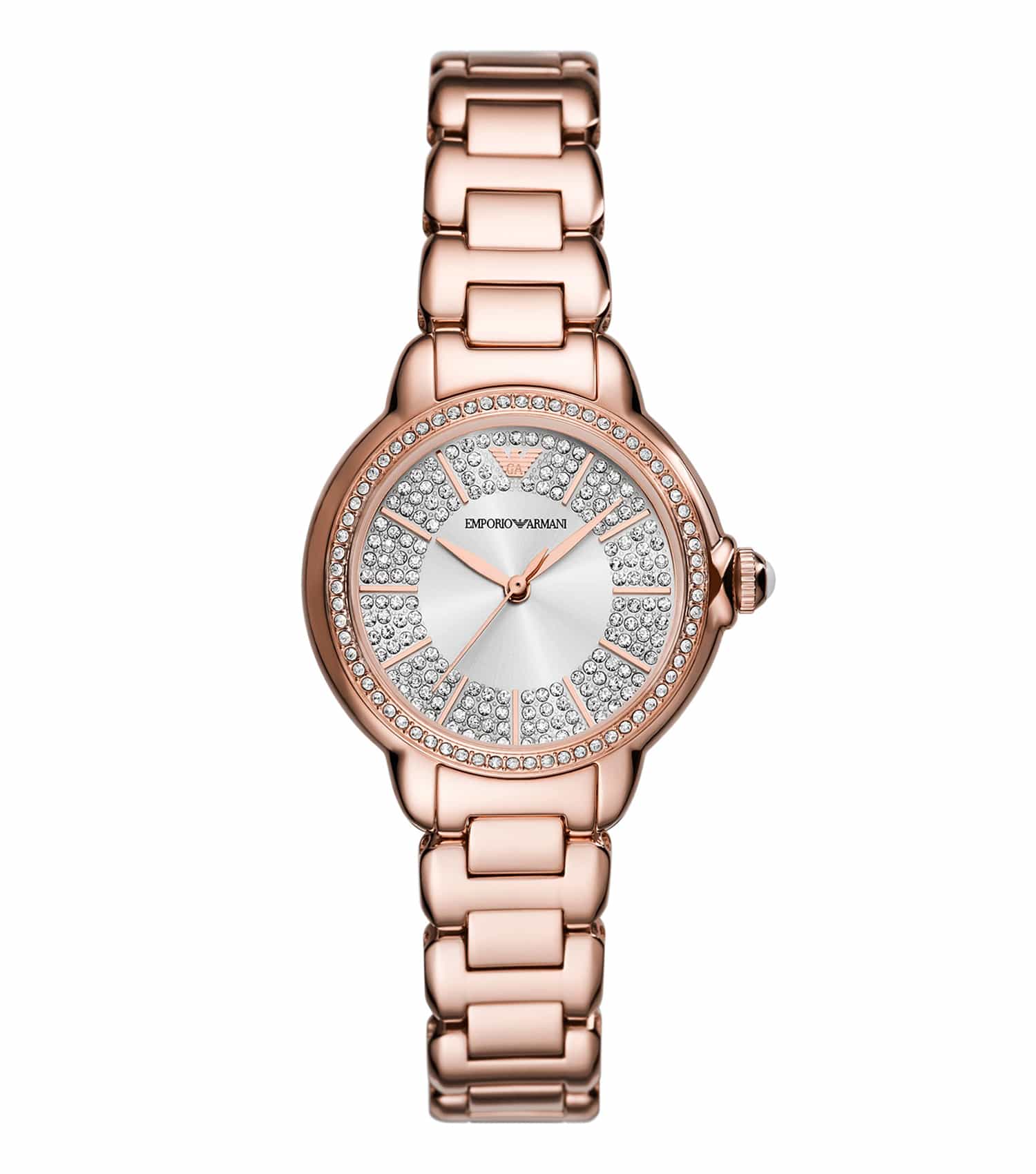 Emporio Armani quartz watch in spotlight, top-front view showcasing elegant silver design and sleek hour markers.