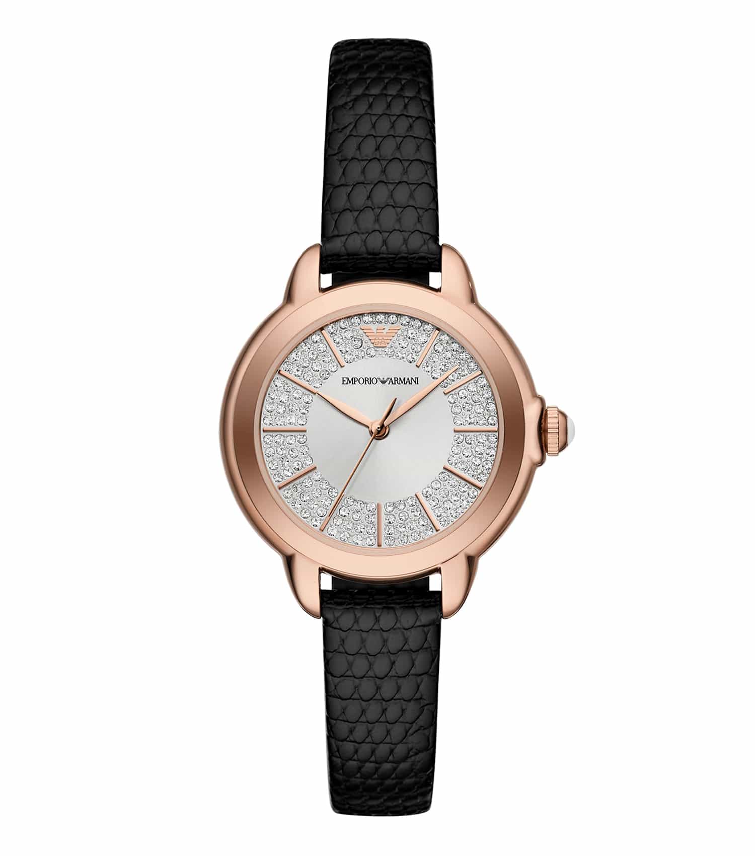 Emporio Armani watch featuring a none-colored dial and sleek silver bracelet, photographed from a top-down angle showcasing elegance.