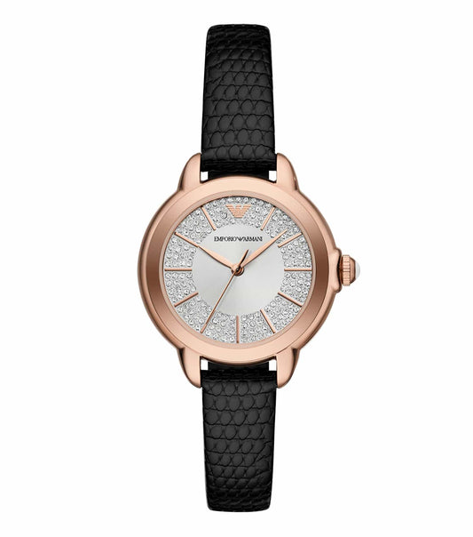 Emporio Armani watch featuring a none-colored dial and sleek silver bracelet, photographed from a top-down angle showcasing elegance.