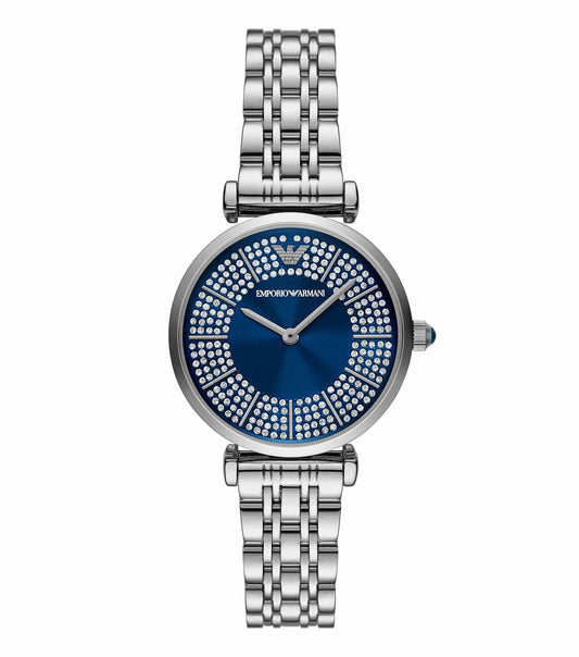 Emporio Armani silver watch with sleek dial face, side angle view highlighting its exquisite design and craftsmanship.