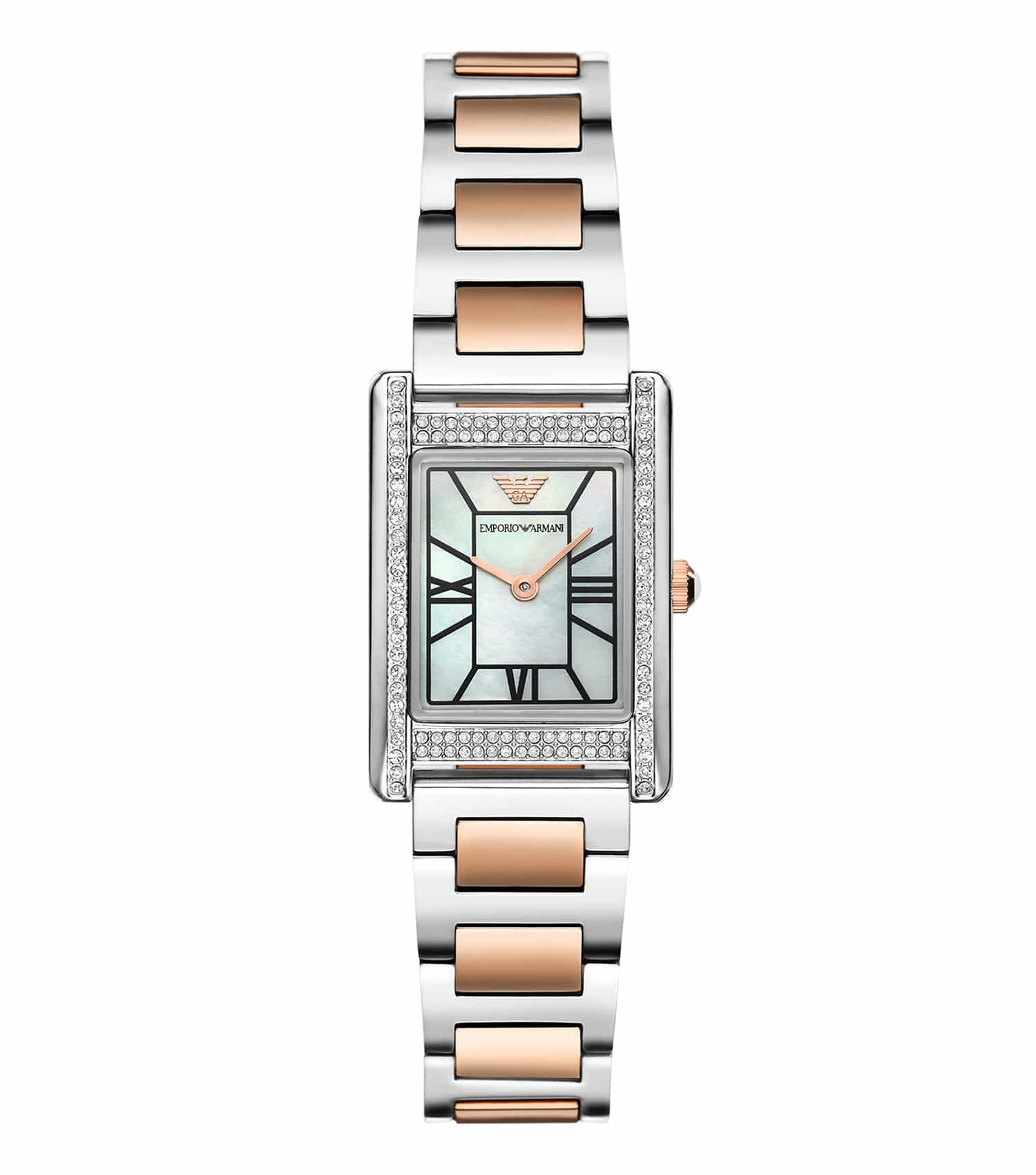 Emporio Armani watch in a stunning quartz color, angled side view showcasing elegant design with sleek black strap and silver casing.