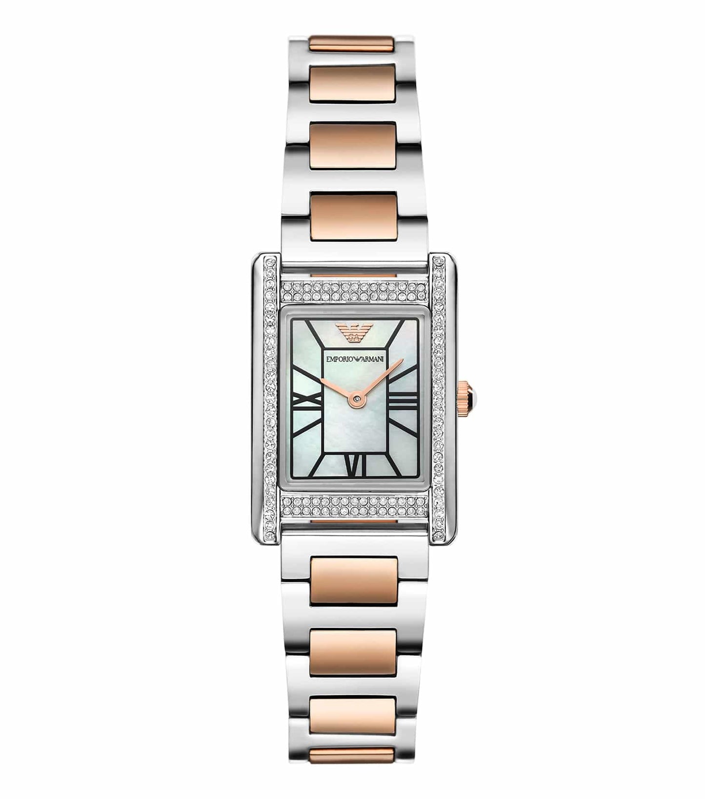 Emporio Armani watch in a stunning quartz color, angled side view showcasing elegant design with sleek black strap and silver casing.