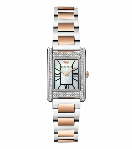Emporio Armani watch in a stunning quartz color, angled side view showcasing elegant design with sleek black strap and silver casing.