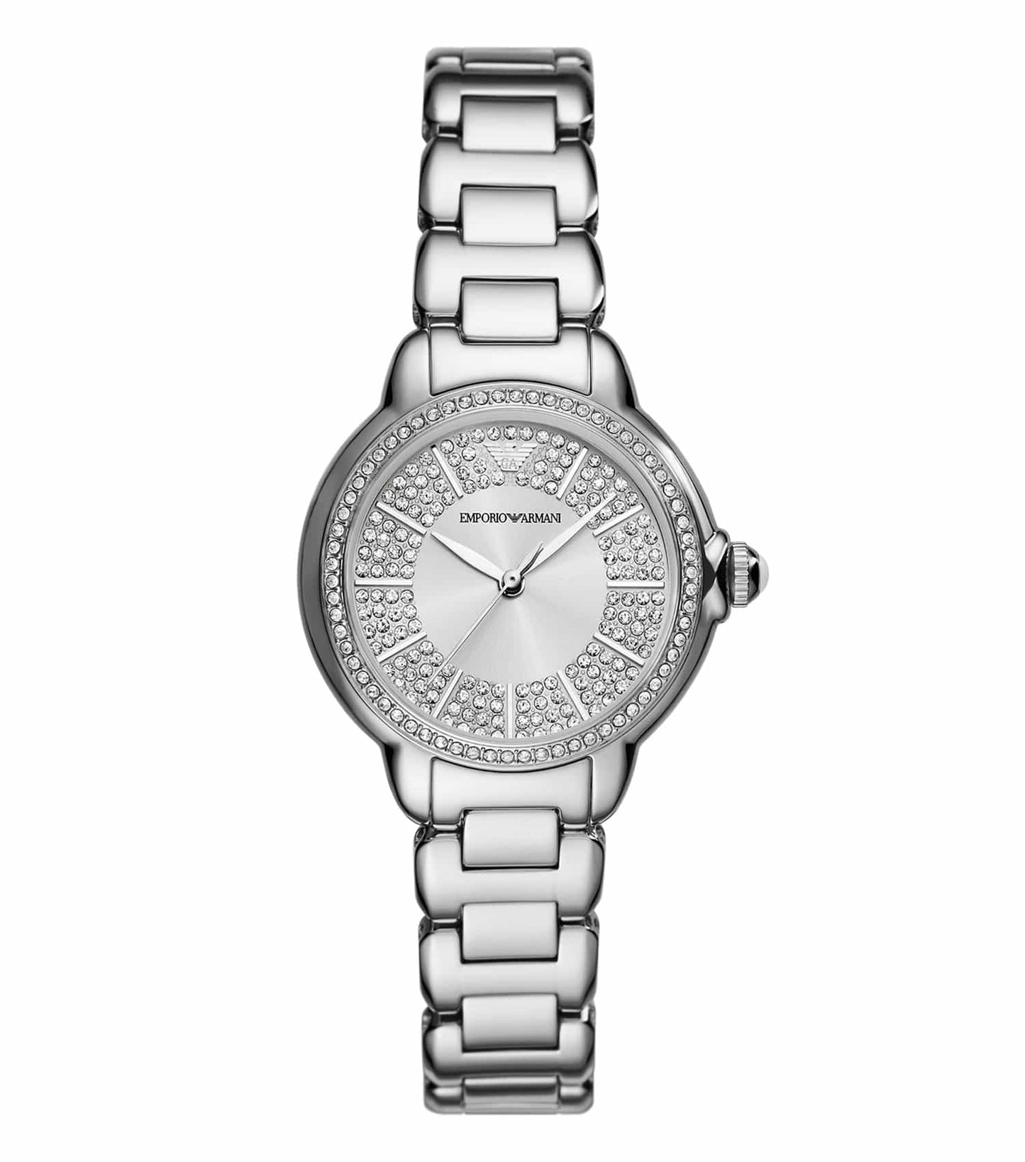 Emporio Armani quartz watch with a silver strap and black face, showcasing sleek side profile; elegant timepiece passion.