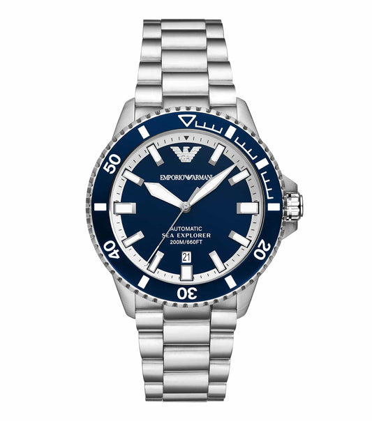 Emporio Armani elegant watch with dark dial, silver markers, and stainless steel strap, top-down angle, monochrome color.