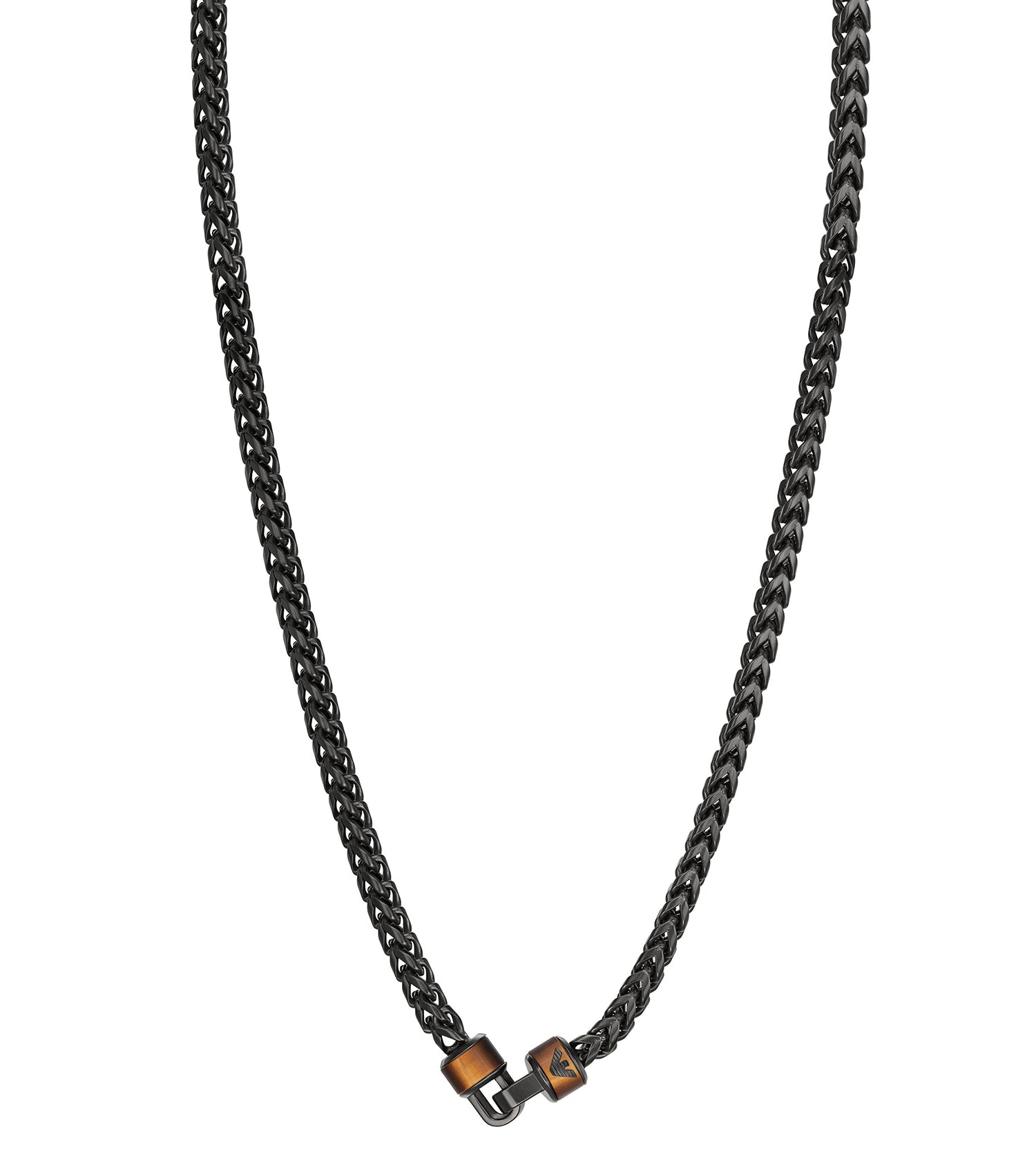 Emporio Armani gunmetal necklace featuring a sleek, front-view angle with an elegant pendant design, highlighting modern luxury.