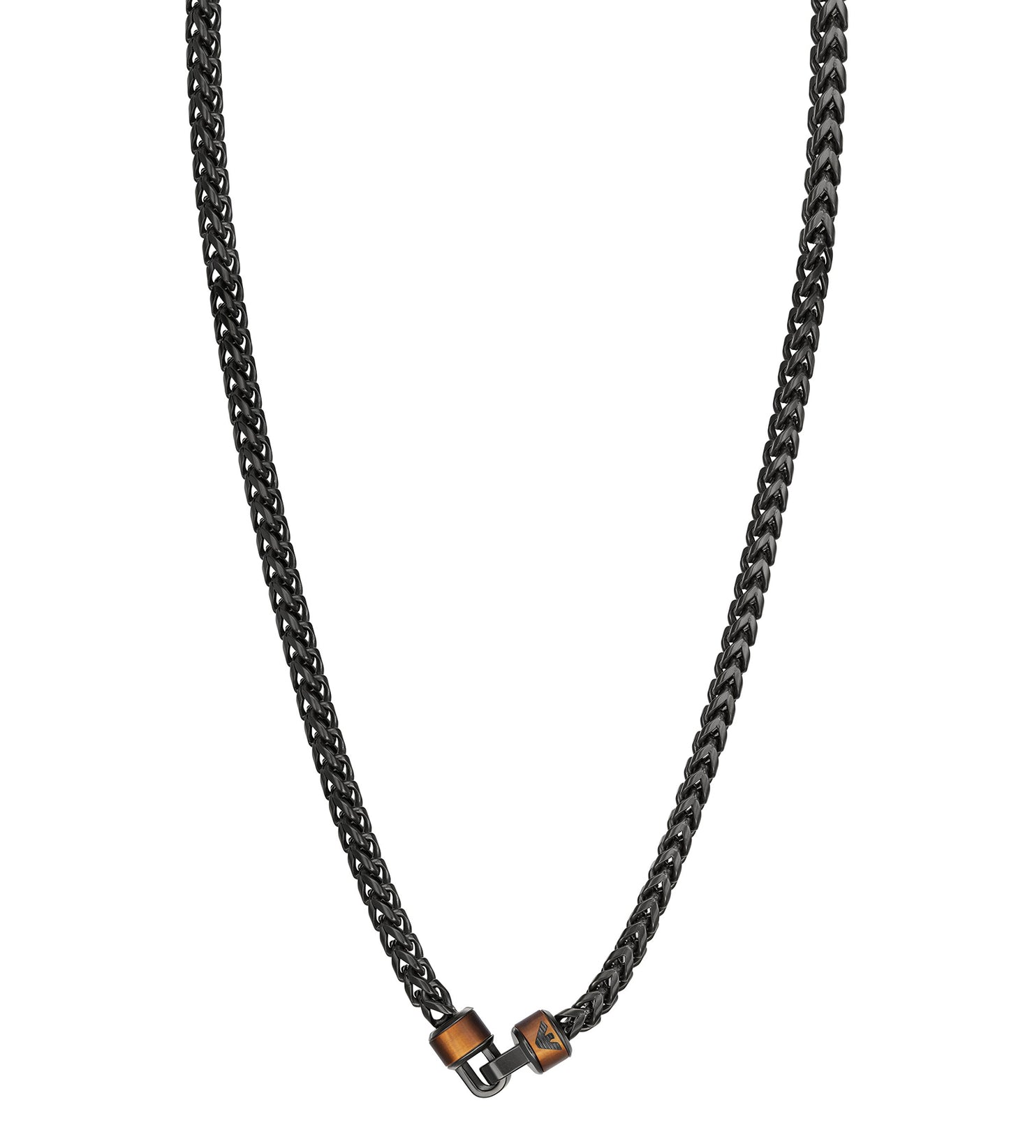Emporio Armani gunmetal necklace featuring a sleek, front-view angle with an elegant pendant design, highlighting modern luxury.