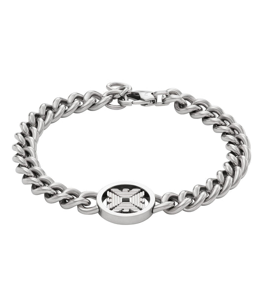 Emporio Armani elegant silver bracelet, showcasing a sleek curved design and polished finish, photographed at a top-side angle.