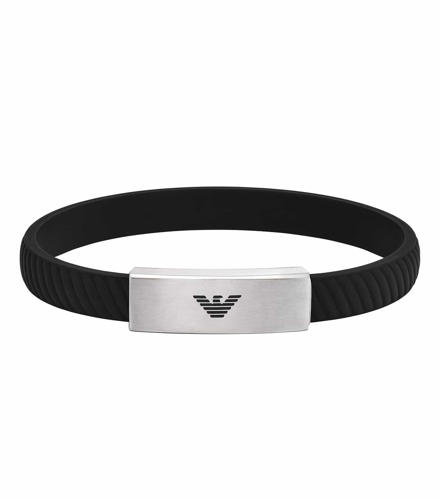 Silver Emporio Armani bracelet in a sleek, polished design, showcased at an angled top-view, highlighting its elegant craftsmanship.