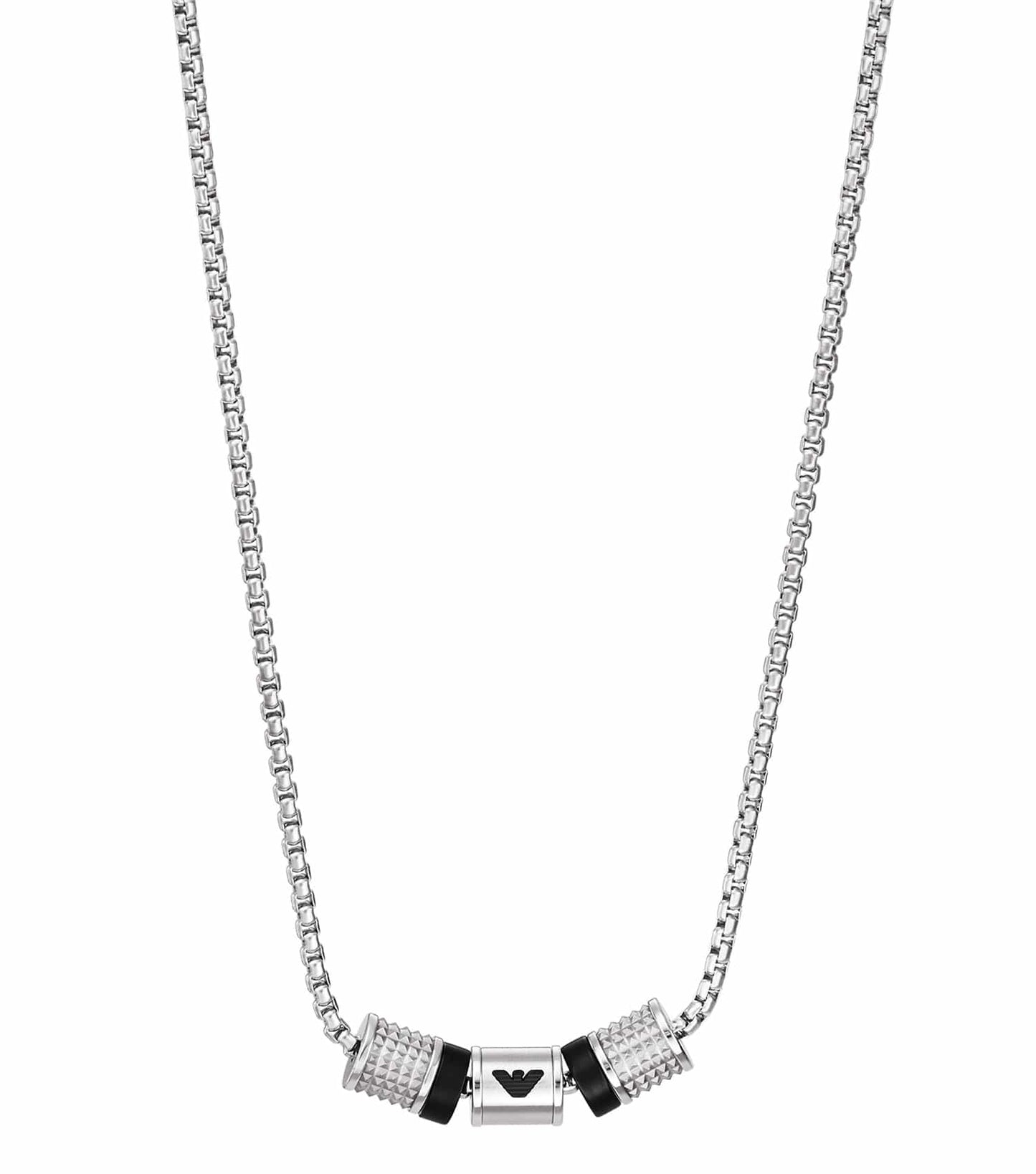 Emporio Armani silver necklace, sophisticated design, captured with a frontal view showcasing its elegant links and iconic logo pendant.