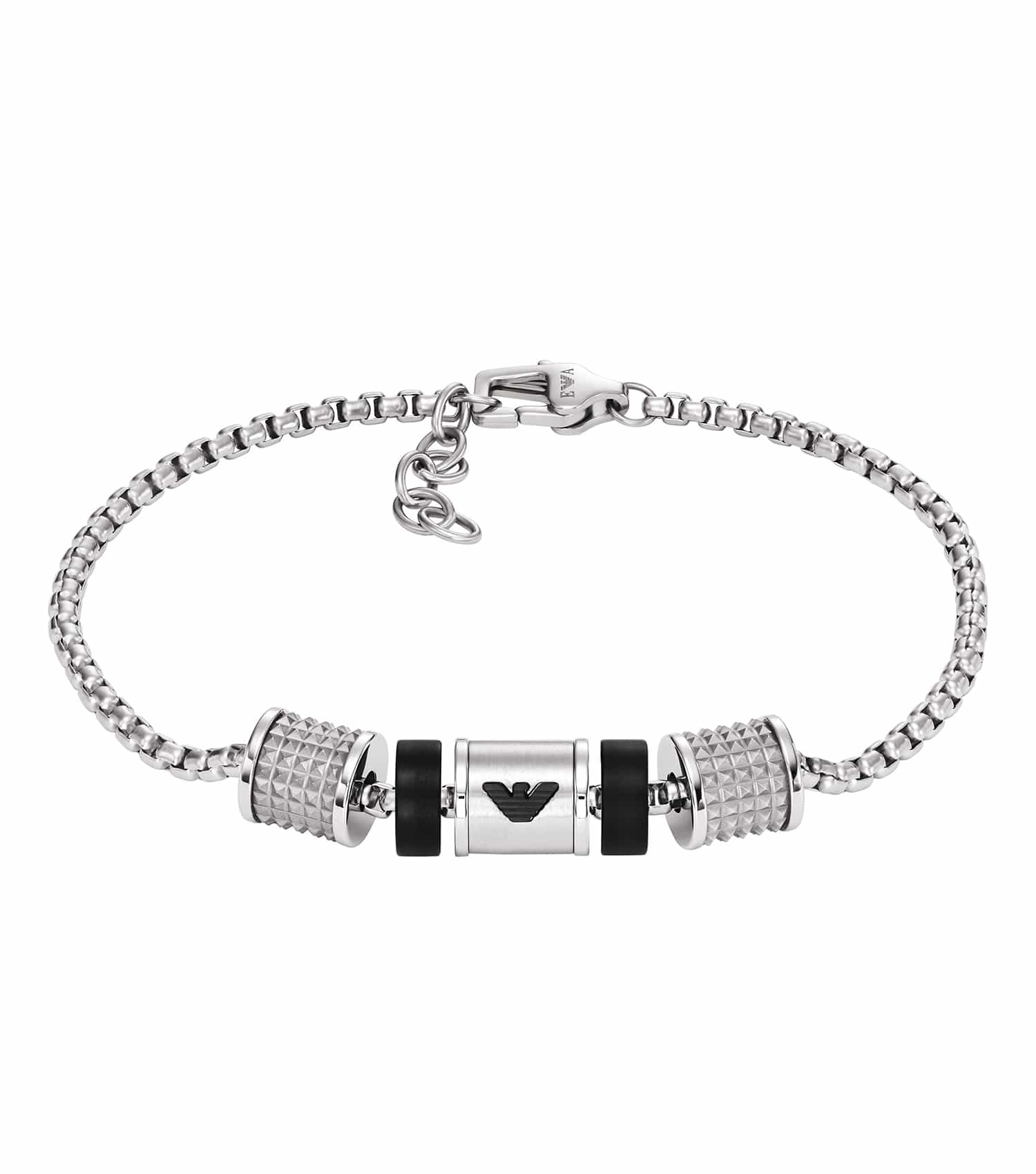 Emporio Armani silver bracelet in a timeless and sleek design, angled from above to showcase its elegant shine and modern style.