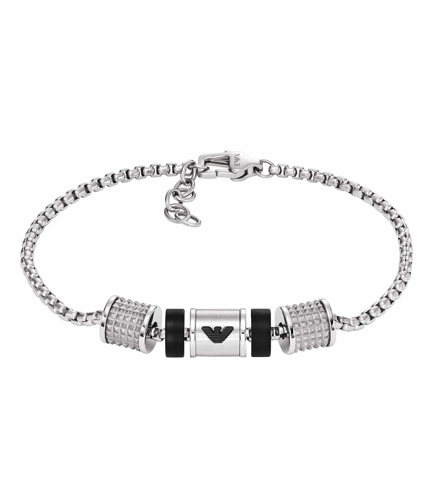 Emporio Armani silver bracelet in a timeless and sleek design, angled from above to showcase its elegant shine and modern style.