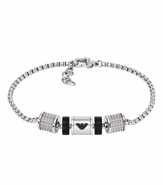 Emporio Armani silver bracelet in a timeless and sleek design, angled from above to showcase its elegant shine and modern style.