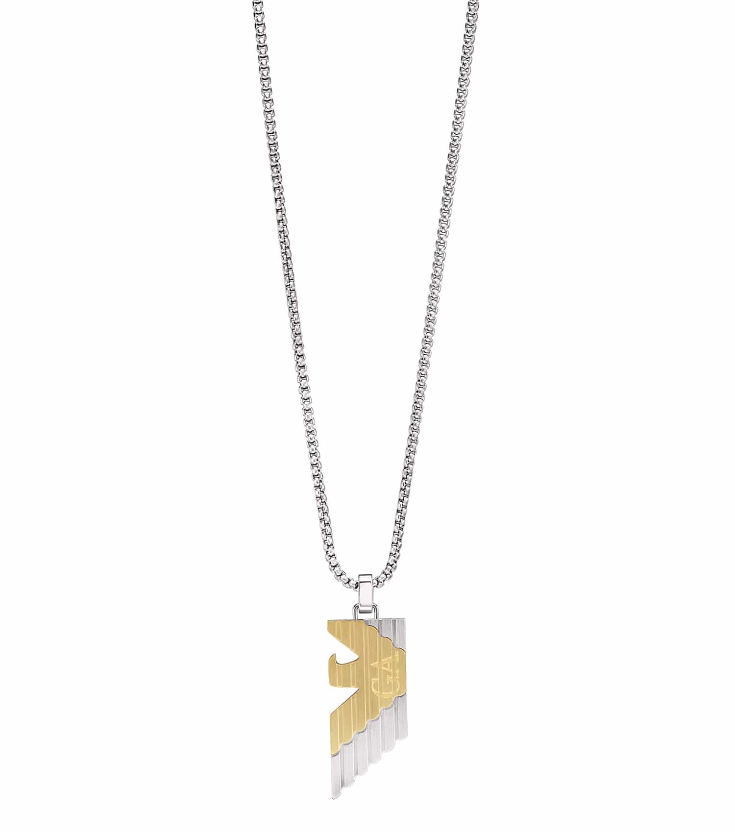 Emporio Armani silver necklace with a sleek, minimalist design displayed at an angled view, showcasing exquisite craftsmanship.