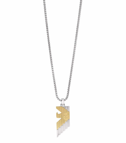 Emporio Armani silver necklace with a sleek, minimalist design displayed at an angled view, showcasing exquisite craftsmanship.