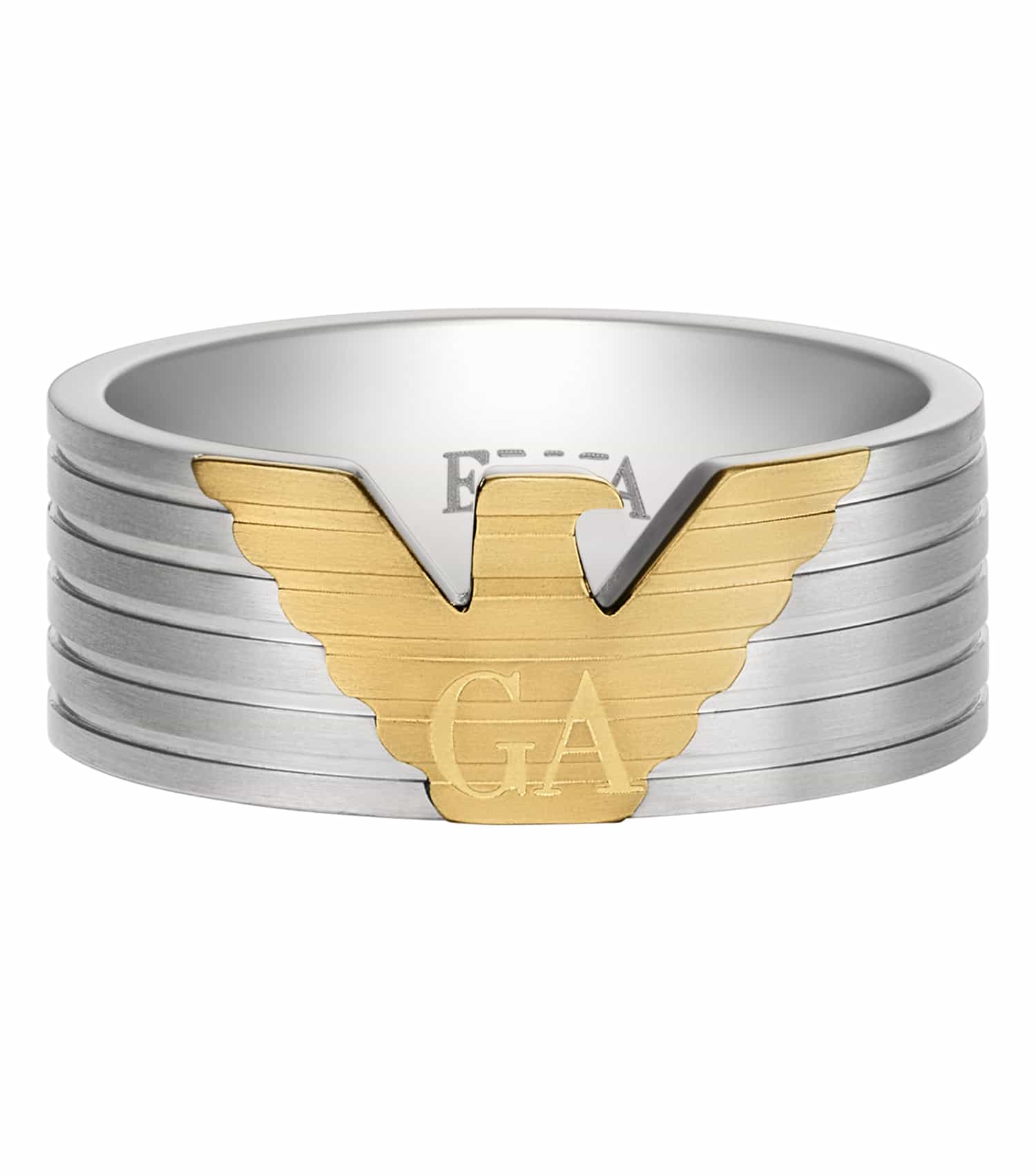 Silver Emporio Armani ring at a 60-degree angle, showcasing its sleek design and exquisite craftsmanship in a captivating pose.