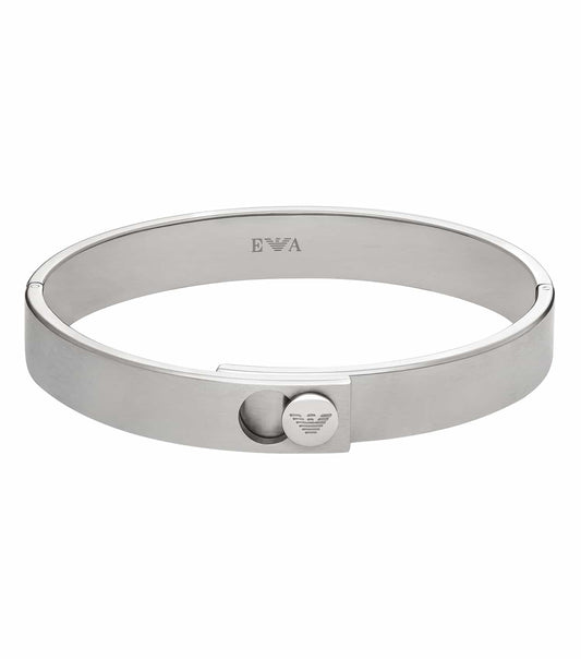 Emporio Armani silver bracelet in a sleek design, top view angle, showcasing intricate detailing and modern elegance.