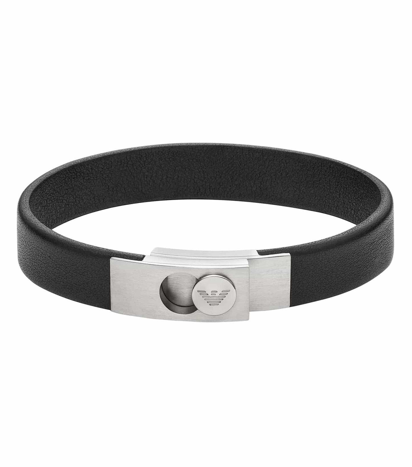 Emporio Armani silver bracelet, elegantly displayed in a front-facing angle, showcasing its sleek design and polished finish.