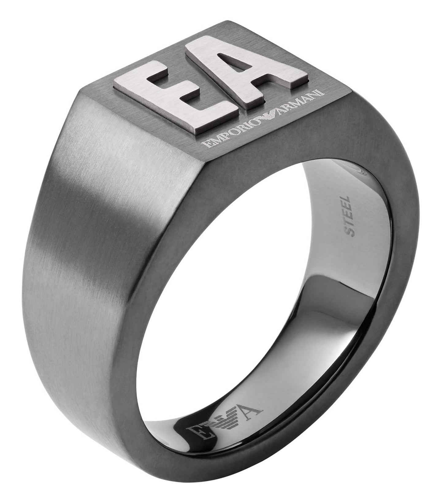 Emporio Armani Jewellery ring in gunmetal color, side-angle view showcasing its sleek and modern design, perfect for fashion enthusiasts.