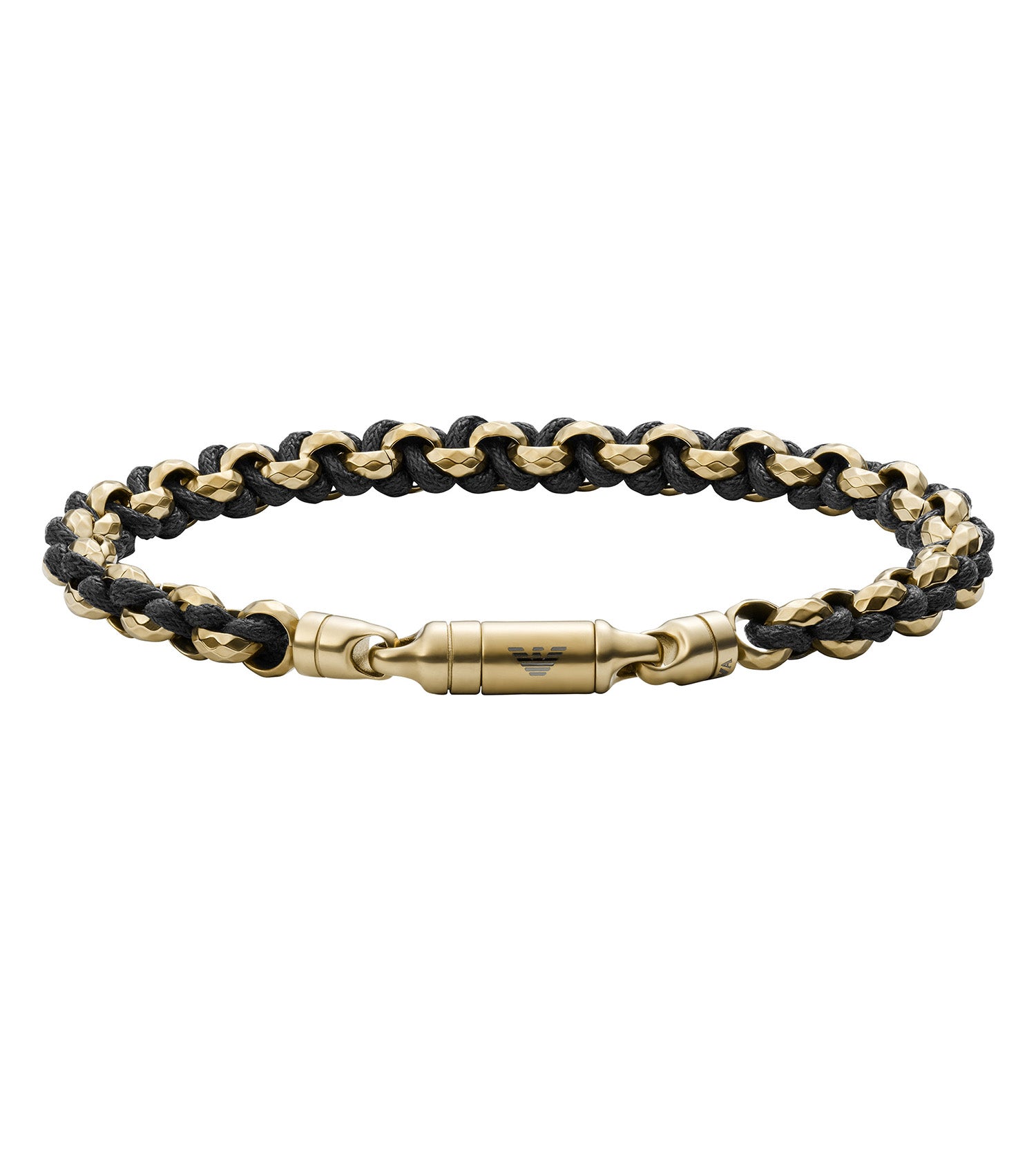 Emporio Armani Gold Bracelet featuring sleek design on subtle display surface at a captivating angle, exuding luxury and style.