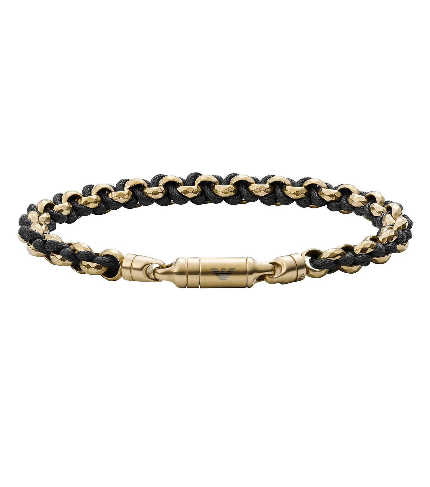 Emporio Armani Gold Bracelet featuring sleek design on subtle display surface at a captivating angle, exuding luxury and style.