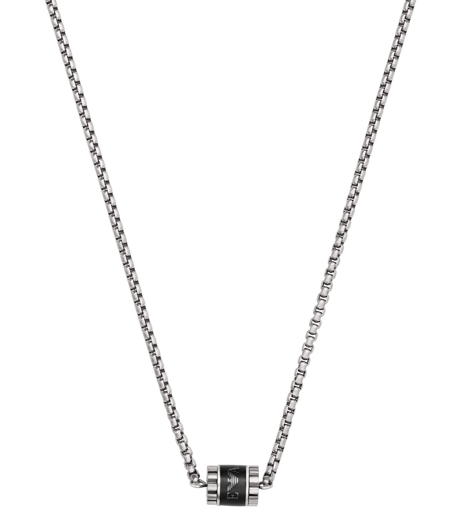 Silver Emporio Armani Jewellery necklace, elegantly displayed at a front angle, highlighting its intricate design and sleek style.