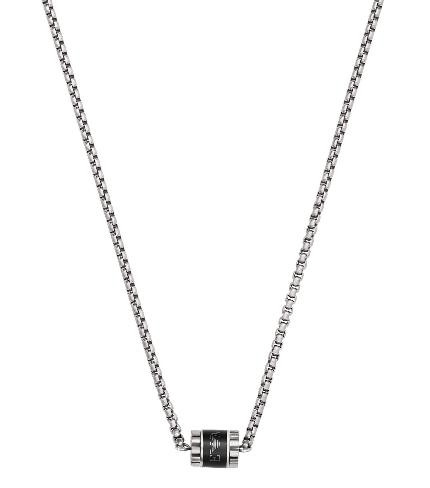 Silver Emporio Armani Jewellery necklace, elegantly displayed at a front angle, highlighting its intricate design and sleek style.