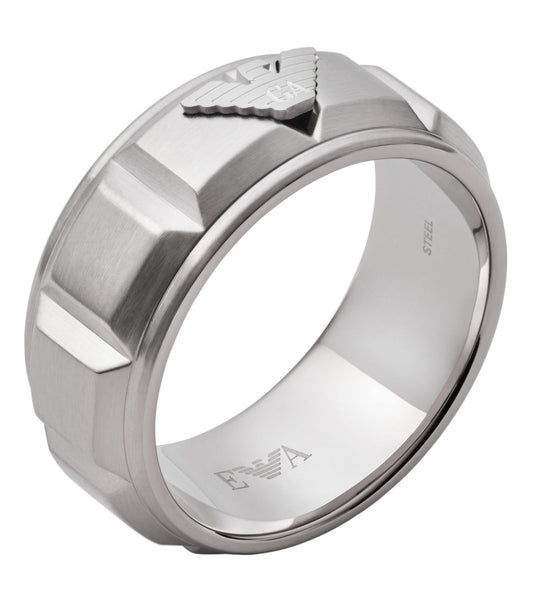 Silver Emporio Armani Jewellery ring, elegantly angled, showcasing sleek design and craftsmanship, perfect for watch enthusiasts.