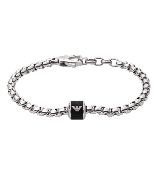 Elegant silver Emporio Armani Jewellery bracelet with a sleek design, highlighted at a slight angle showcasing its exquisite craftsmanship.