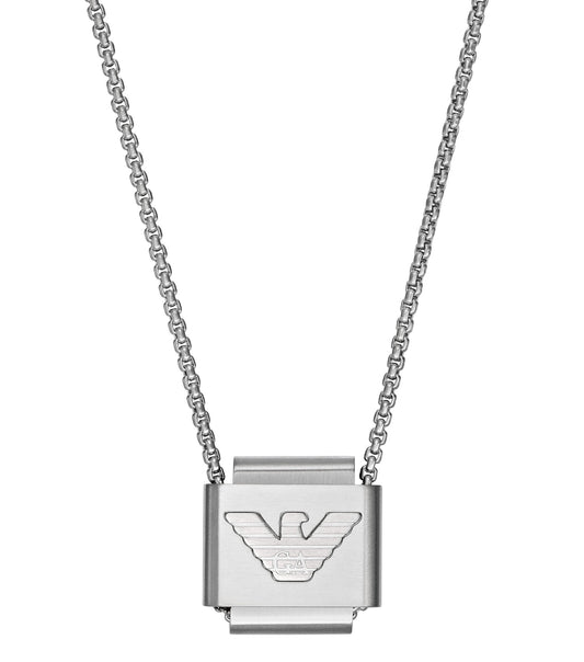 Silver Emporio Armani Jewellery necklace, elegantly displayed at an angle, showcasing smooth links and modern design elements.