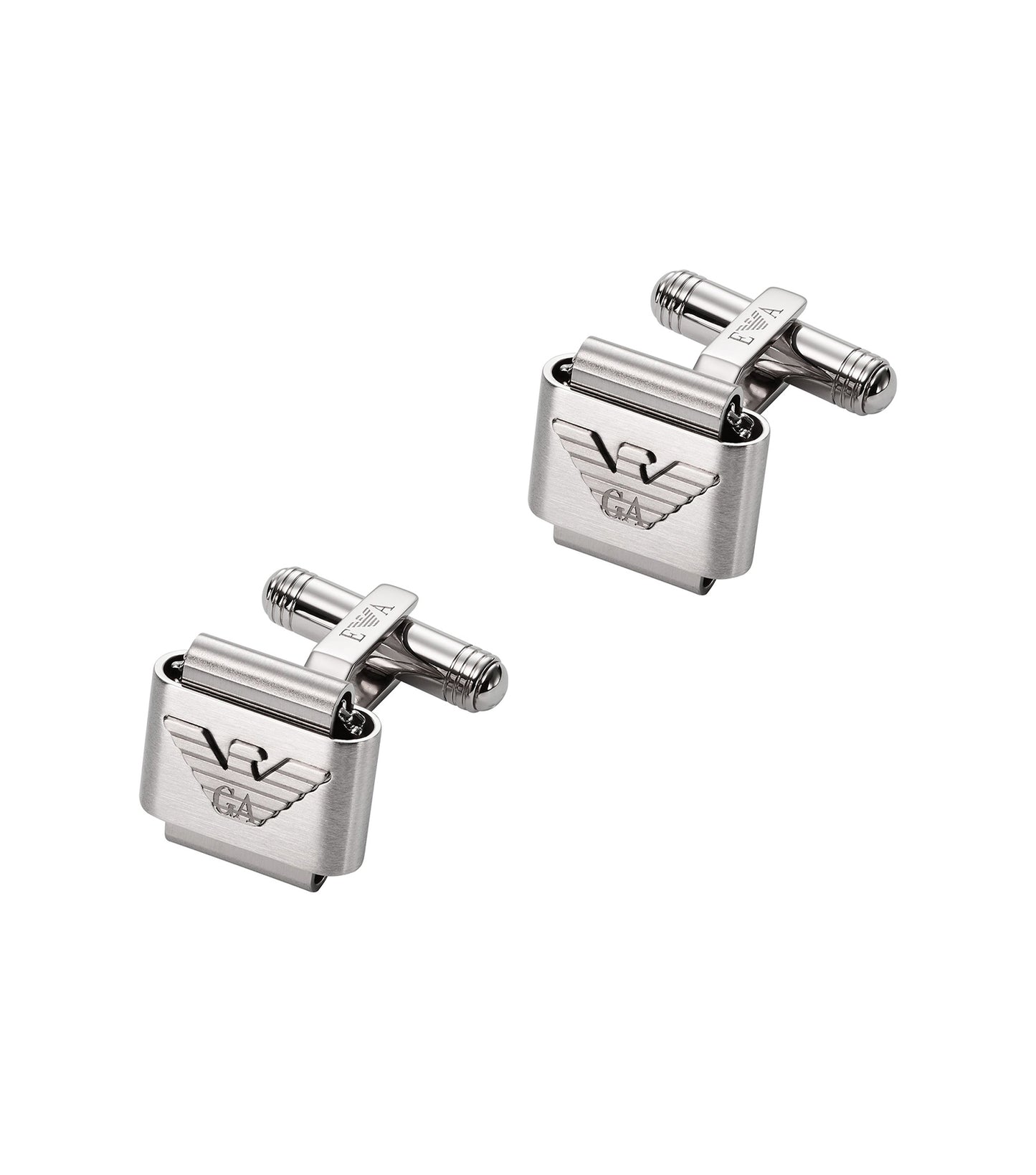 Emporio Armani Jewellery silver cufflinks, showcased in a polished angle emphasizing their sleek design and luxurious finish.