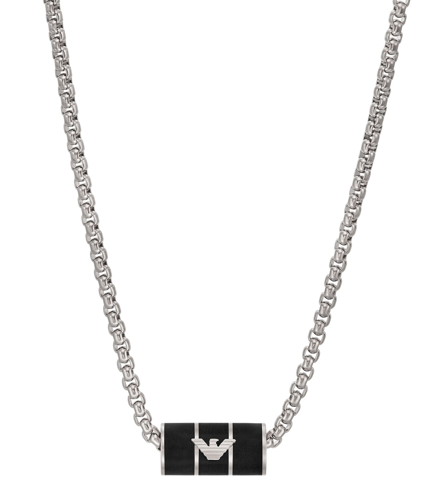 Silver Emporio Armani Jewellery necklace, elegant and shiny, close-up side angle, showcasing detailed craftsmanship.