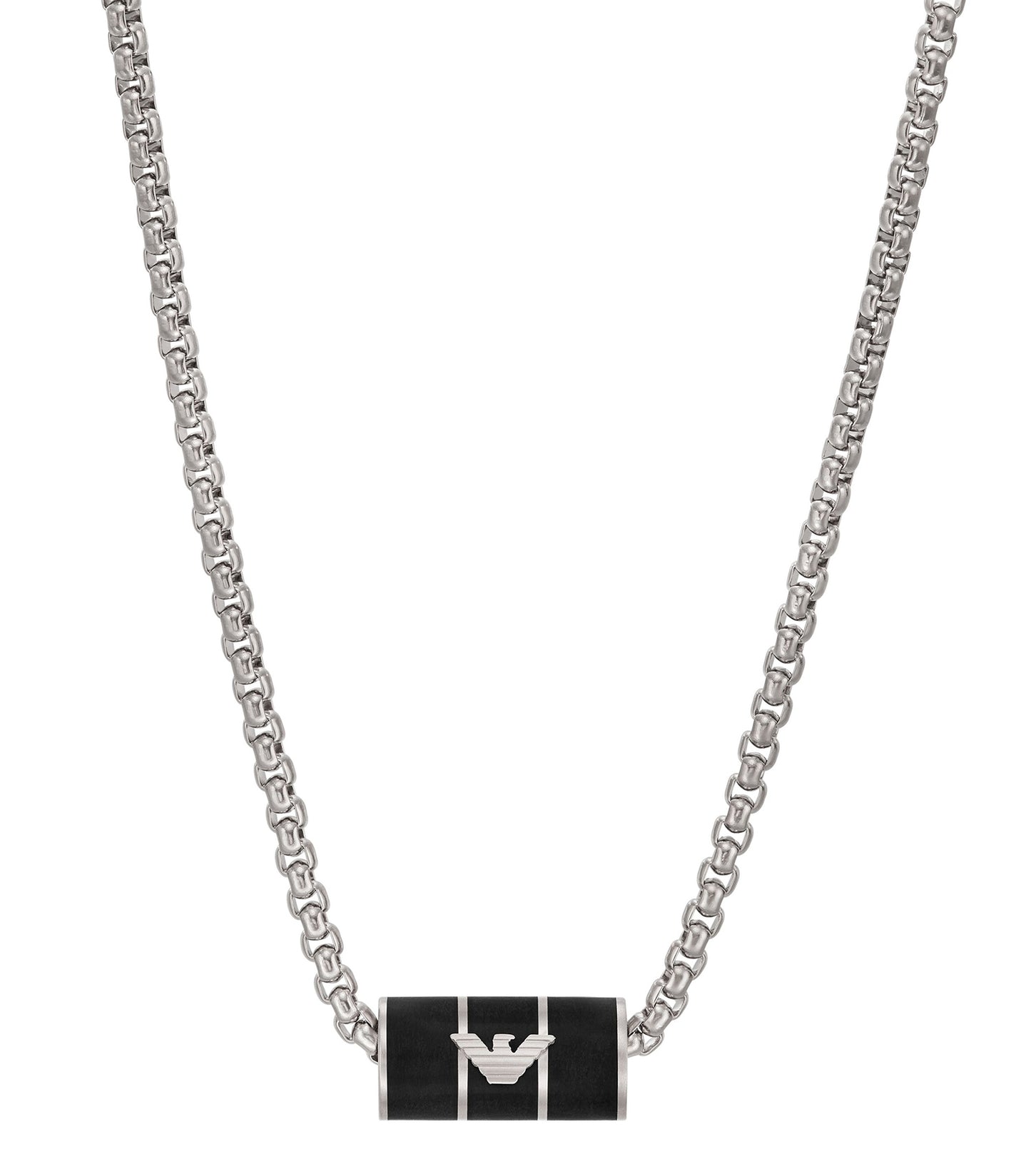 Silver Emporio Armani Jewellery necklace, elegant and shiny, close-up side angle, showcasing detailed craftsmanship.