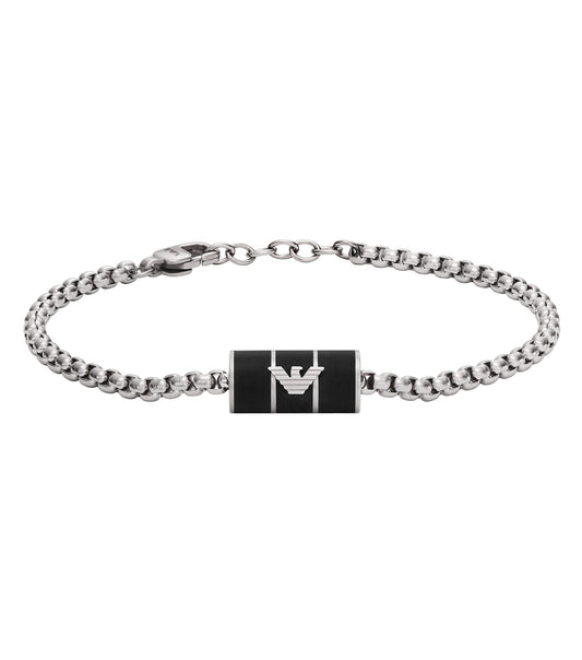 Emporio Armani Jewellery silver bracelet angled slightly above, showcasing its sleek, polished design and elegant clasp detailing.