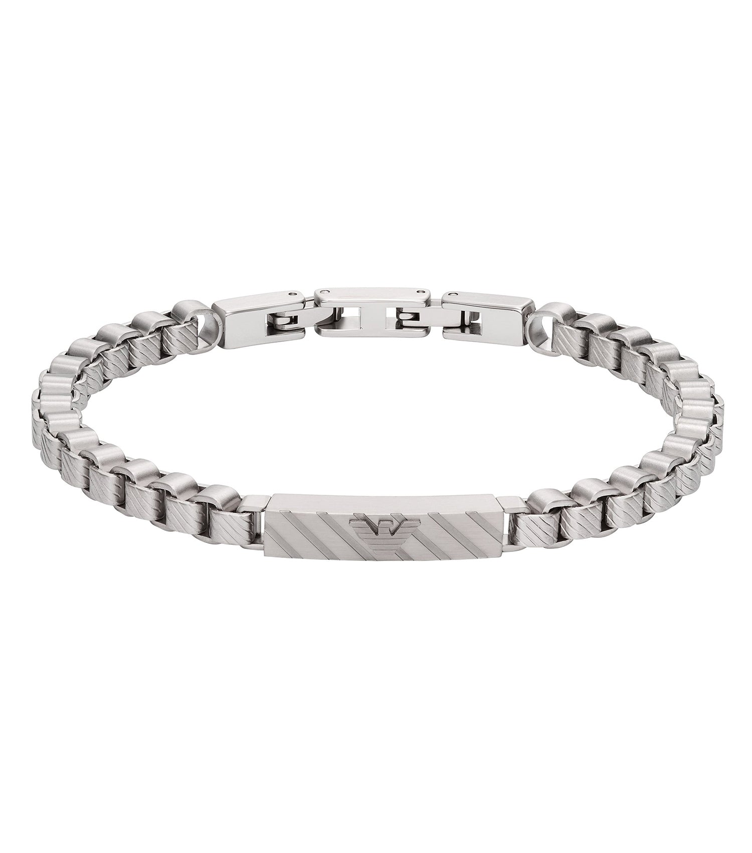 Silver Emporio Armani Jewellery bracelet, elegantly displayed at a frontal angle, showcasing sleek design and refined craftsmanship.