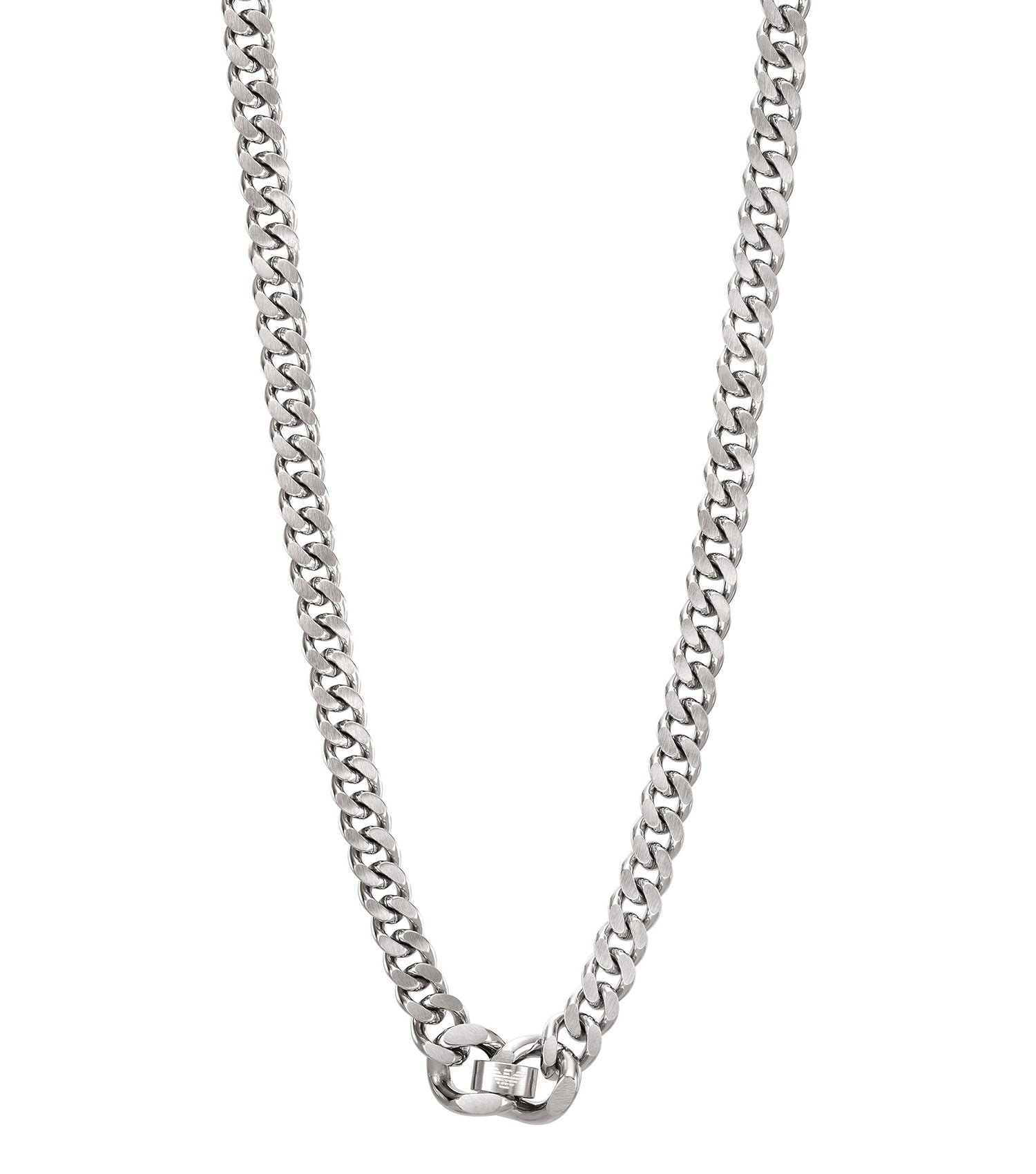 Silver Emporio Armani Jewellery necklace, front view, with intricate chain design showcasing elegance and premium craftsmanship.