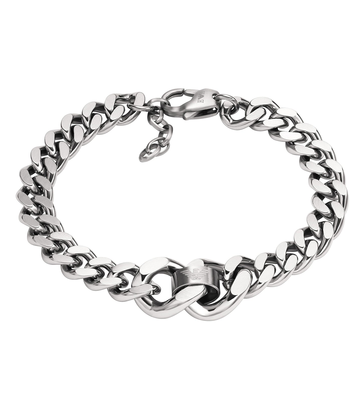 Silver Emporio Armani Jewellery bracelet, top angle view, showcasing elegant design with Emporio Armani logo, gleaming in pristine condition.