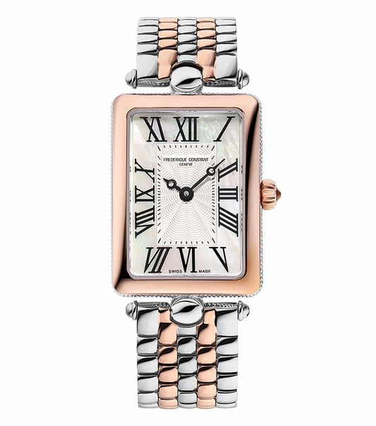 Frederique Constant silver watch with a sleek round dial and metallic strap, side angle showcasing elegant design and craftsmanship.
