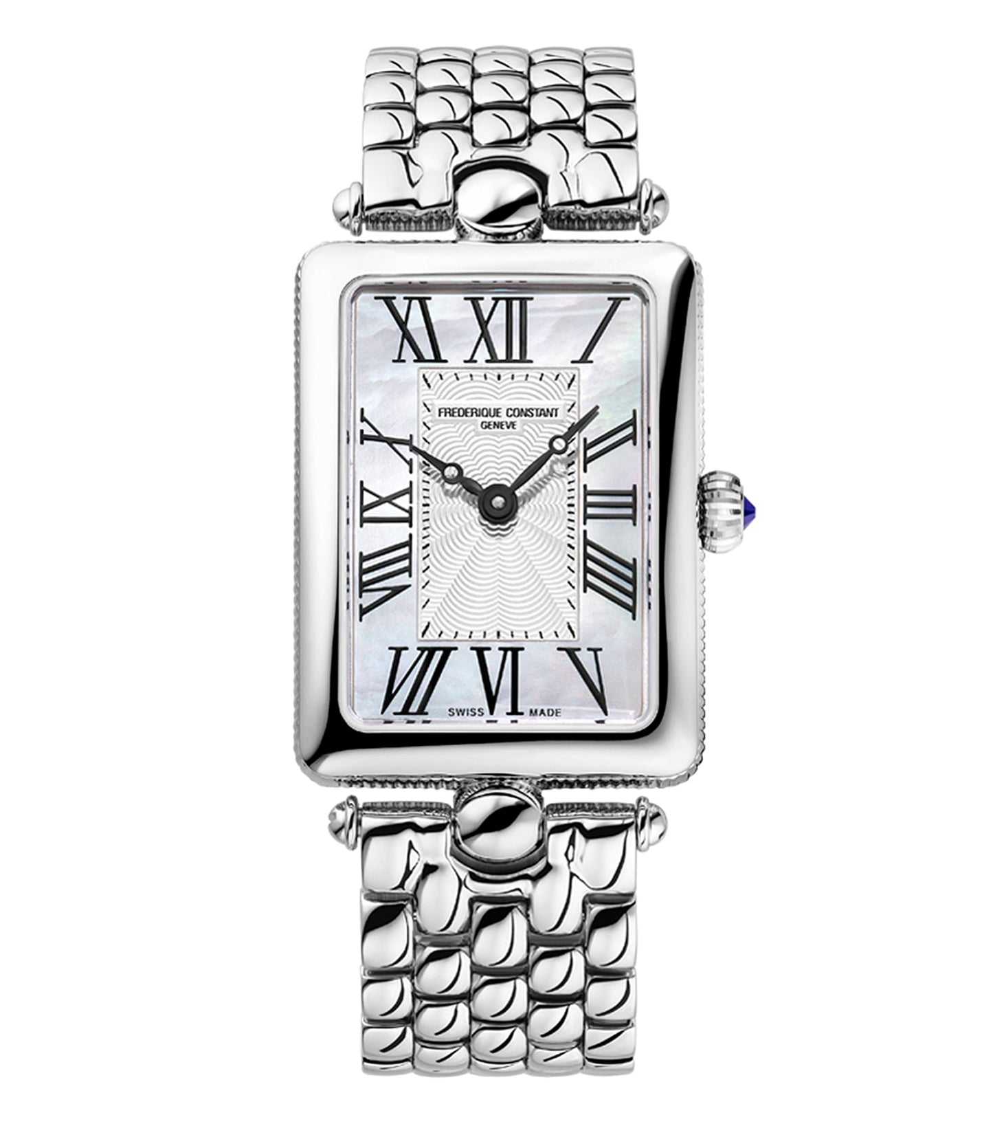 Silver Frederique Constant watch, frontal view; classic design with sleek stainless steel case and elegant detailing.