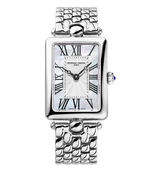 Silver Frederique Constant watch, frontal view; classic design with sleek stainless steel case and elegant detailing.