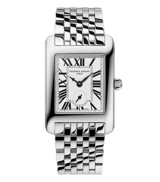 Frederique Constant black watch front view, showcasing sleek design, elegant dial, and premium craftsmanship for luxury enthusiasts.