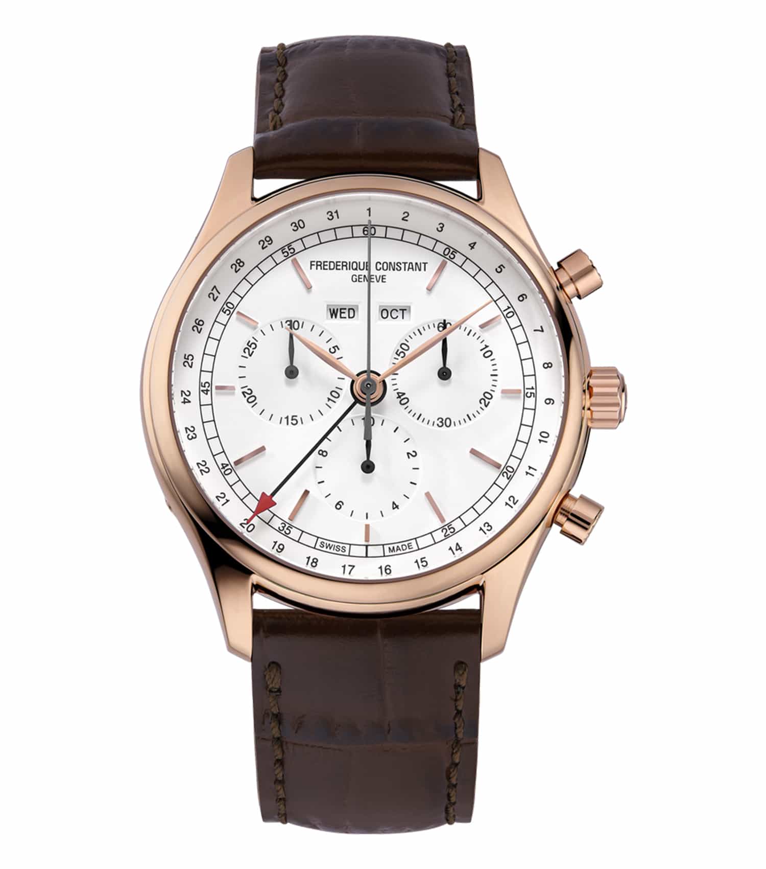 Frederique Constant elegant silver watch, side angle, showcasing refined craftsmanship and sleek design, stainless steel case.