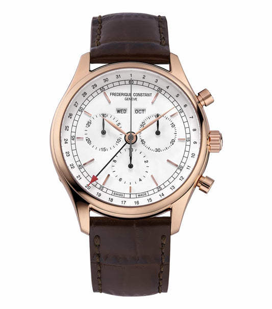 Frederique Constant elegant silver watch, side angle, showcasing refined craftsmanship and sleek design, stainless steel case.