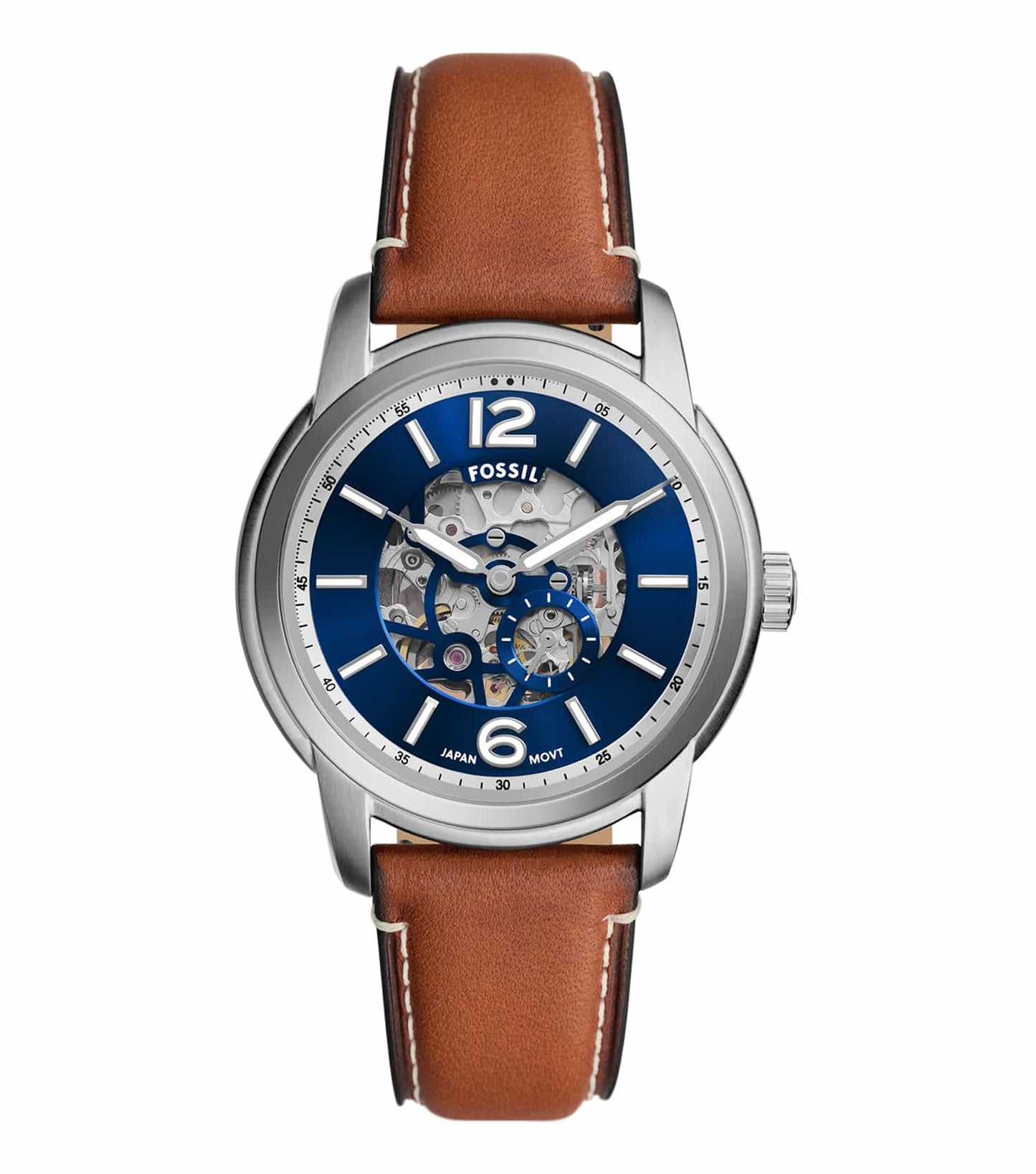 Fossil silver watch with a classic round face, elegantly angled at 45 degrees, showcasing intricate detailing and stainless steel mesh band.